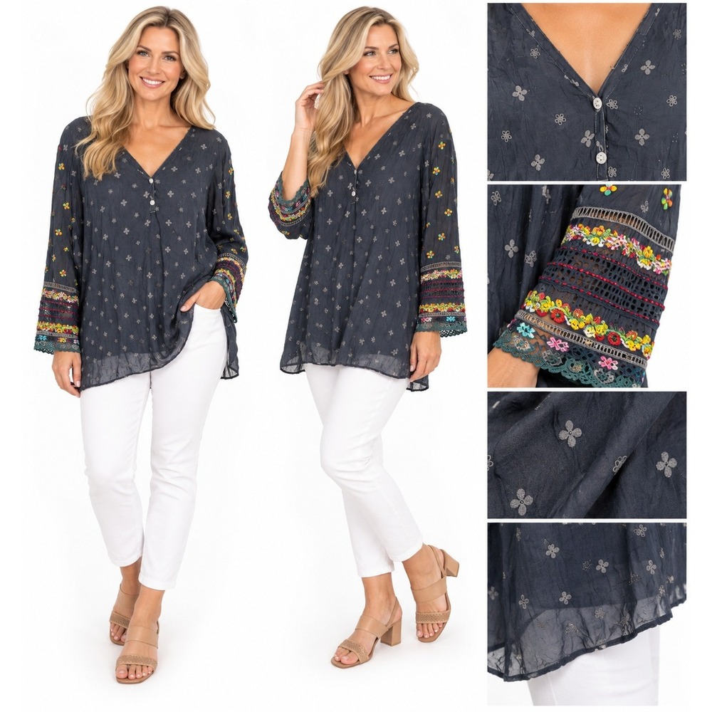 Johnny Was Tunic 2X Gray Embroidered Cupra Rayon V-Neck Boho Top Artisan Gypsy